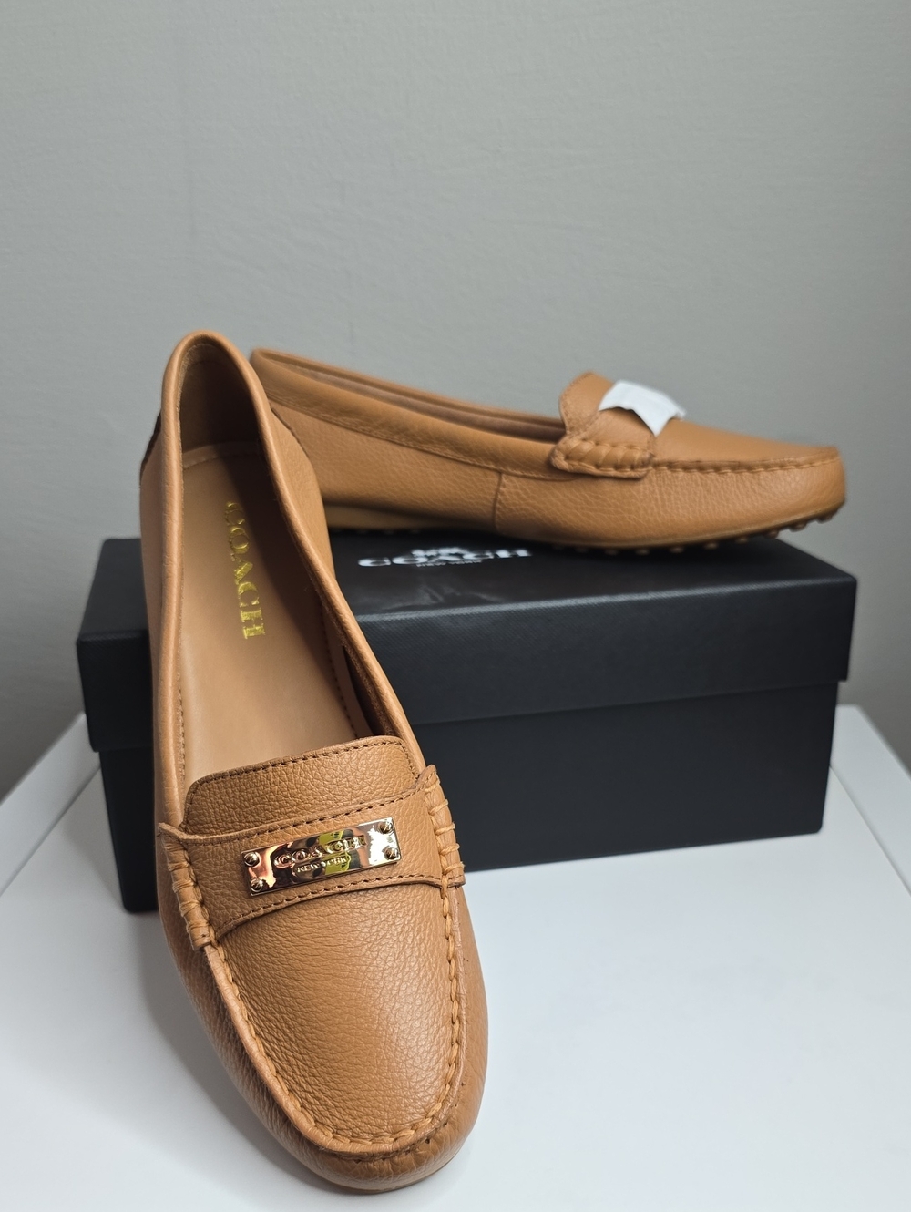 Coach Tan Leather Driving Loafers with Gold Hardware
